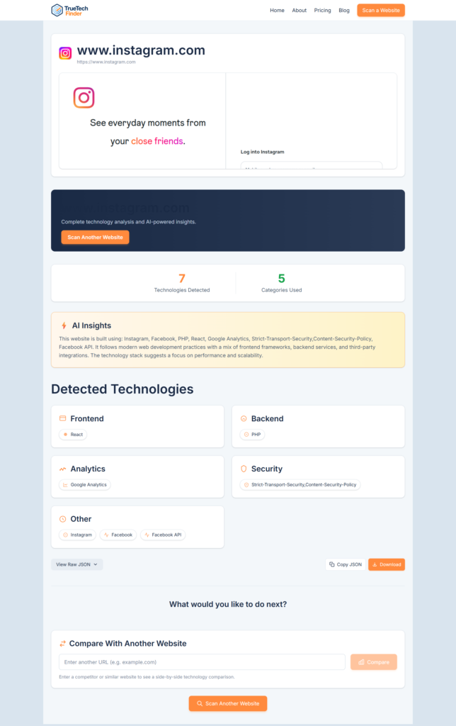 Website technology analysis using TrueTechFinder